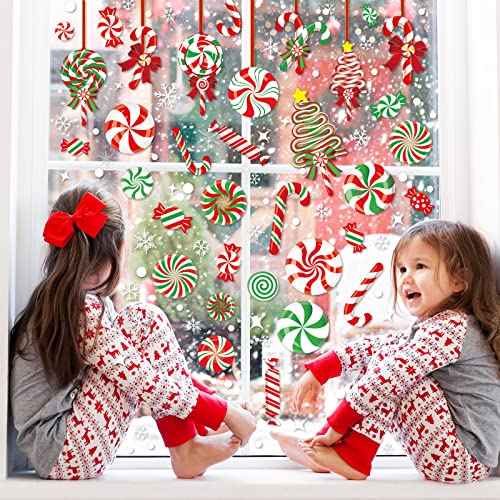 AnyDesign 9 Sheet Christmas Window Clings - Candy Cane Lollipop Peppermint Decals - Double-Sided Merry Christmas Decor for Home, School, Office, Candyland Party Supplies