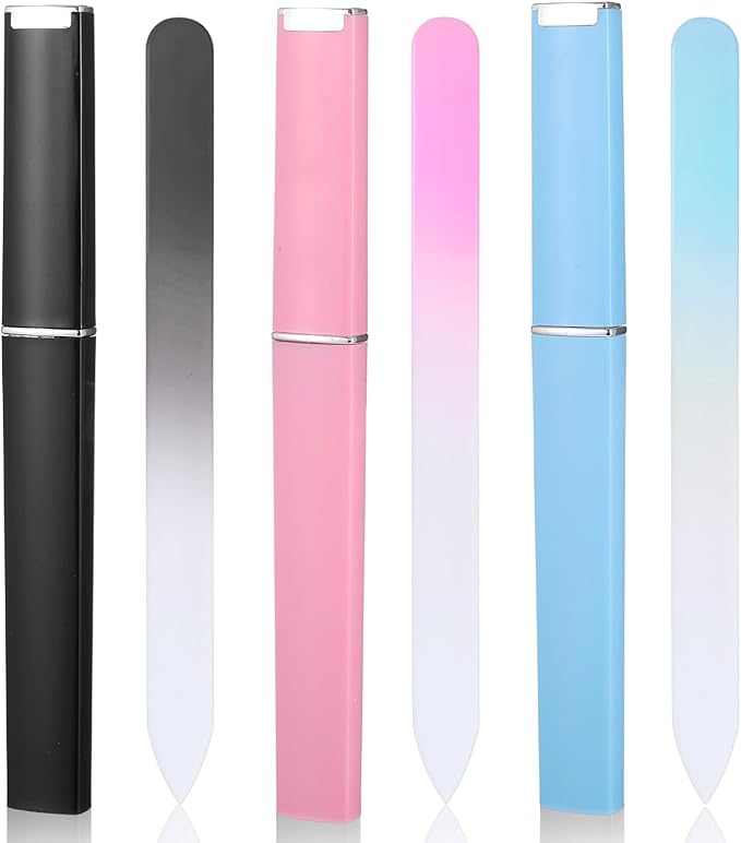3 Pack Glass Nail Files with Case, Crystal Fingernail File for Women, Double-Sided Glass Files for Natural, Pedicure, Artificial, Fake Nails