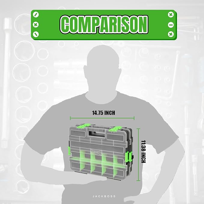 Tool Box with Transparent Lid, Single Side 17-Compartments Organizer Box with Removable Dividers for Hardware, Screws, Bolts, Nails, Beads, Jewelry and Fishing Accessories, Green, 2 Pack