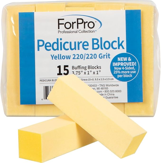 ForPro Professional Collection Yellow Pedicure Block, 220/220 Grit, Three-Sided Pedicure Nail Buffer, 3.75”L x 1”W x 1”H, Yellow, 15-Count