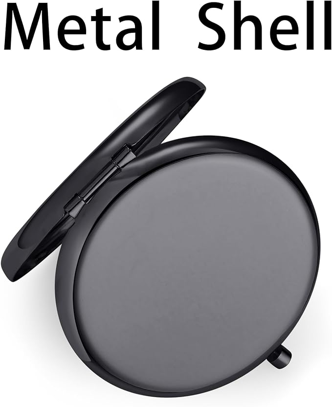 Compact Mirror for Purse, Metal Round Shell, Double-Sided 1X/2X Magnifying, Portable Travel Makeup Mirror, Mini Pocket Mirror, Black, 1 Pack