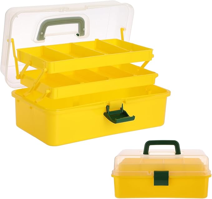 BTSKY 3-Layer Plastic Dividing Storage Box Craft Organizer with Adjustable Spacers Portable Handled Art Supply Organizer Multipurpose Home Utility Box for Sewing (Yellow+Green)
