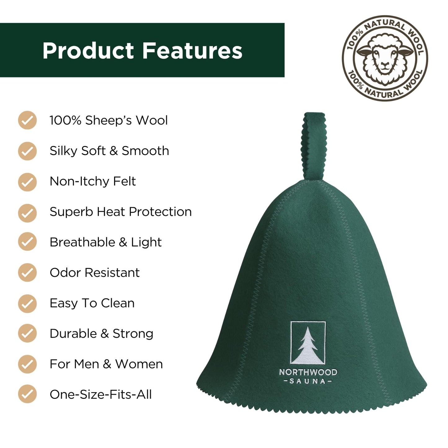 Northwood Sauna - Sauna Hat - 100% Wool Felt - Banya Hair Cap for Men & Women - One-Size-Fits-All - Spruce Green