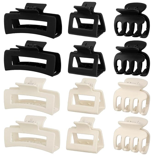 12 Pcs Hair Clips for Women 3 Styles Small Medium Large Claw Clips for Thin Thick Curly Hair, Strong Hold & Non-Slip Clips, Matte Plastic Hair Accessories Ideal Gifts for Women (Black & White)