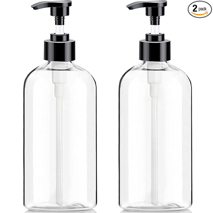 Empty Plastic Pump Bottles Dispenser（16.9 Oz, 2 Pack）, Portable Amber BPA-Free Travel Shampoo Lotion Pump Bottle Durable Refillable Containers for Massage Oil, Liquid Soap