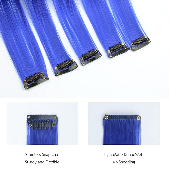 16Pcs Blue Clip in Colored Hair Extensions 22inch Long Straight Party Highlights Colorful Hair Extension One Color Clip on Hairpieces for Women Girls