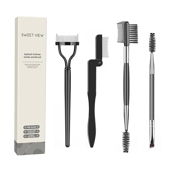 SWEET VIEW Eyelash Comb Lash Separator Tool Brow Brush & Lash Spoolie Professional Eye Makeup Tools (4 Pieces Set)