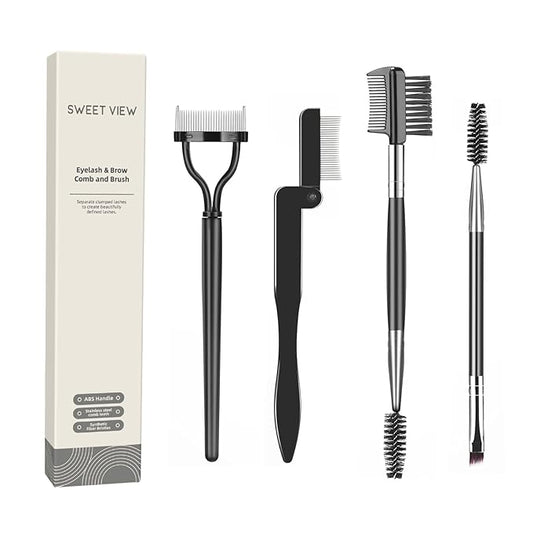 SWEET VIEW Eyelash Comb Lash Separator Tool Brow Brush & Lash Spoolie Professional Eye Makeup Tools (4 Pieces Set)
