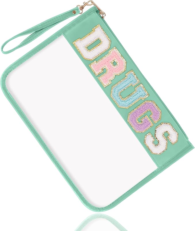 Chenille Letter Clear Bag Drugs Purse, Monogram PVC & PU Clear Zipper Pouch with Wristlet, Waterproof Portable Glitter Snacks Makeup Beach Toiletry Bag for Women Girls (DRUGS-Green)