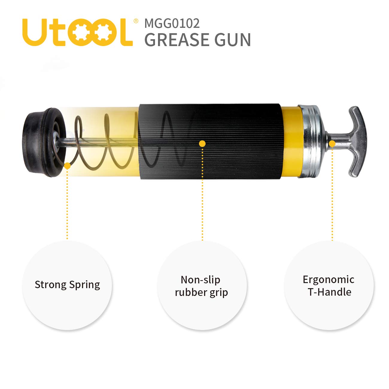 UTOOL Grease Gun, 8000 PSI Heavy Duty Pistol Grip Grease Gun Kit with 14 oz Capacity, 18 Inch Resin Flex Hose, 2 Basic Coupler, 2 Extension Rigid Pipe and 1 Sharp Type Nozzle, Argent Matte Finish