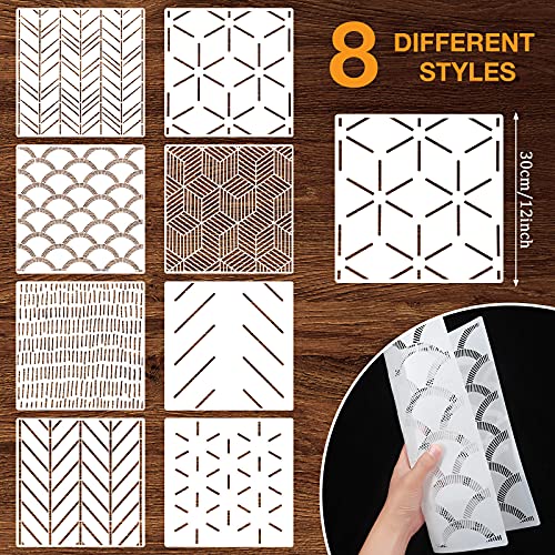 8 Pieces 12 x 12 Inch Herringbone Geometric Wall Modern Stencils Decor Reusable Film Decorative for Painting, Walls, Pattern (Simple Style)
