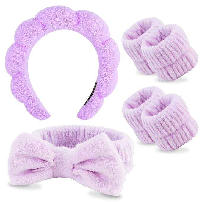 SPA Headbands for Washing Face Makeup Headbands with Bow Hair Band Women Facial Head Band Wrist Towel Wraps For Shower Face Mask Purple, 6 Pack