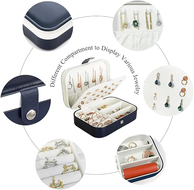 Hatori Travel Jewelry Box, PU Leather Small Jewelry Organizer for Women Girls, Portable Mini Travel Case Display Storage Holder Boxes for Stud Earrings, Rings, Necklaces, Bracelets (Blue)