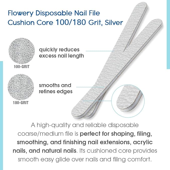 Flowery Nail File 100/180 Grit Ã¢ÂÂ Double-Sided Emery Boards Nail File for Natural Nails and Acrylic Nails, Cushion Core, Silver, 100 Pack
