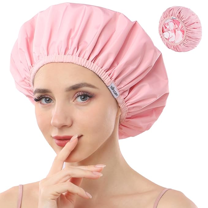 Years calm Shower Caps for Women Reusable Waterproof, Double Layer Waterproof Fabric - Both Sides Usable, Reversible Pattern & Solid Color Design, Soft Elastic Keeps Hair Dry for shower Spa Travel