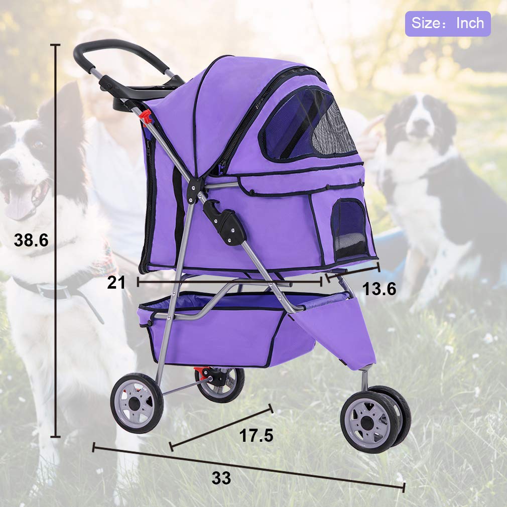 BestPet 3 Wheels Pet Stroller Dog Cat Cage Jogger Stroller for Medium Small Dogs Cats Folding Travel Carrier with Cup Holder, Waterproof Design & Removable Liner, Purple