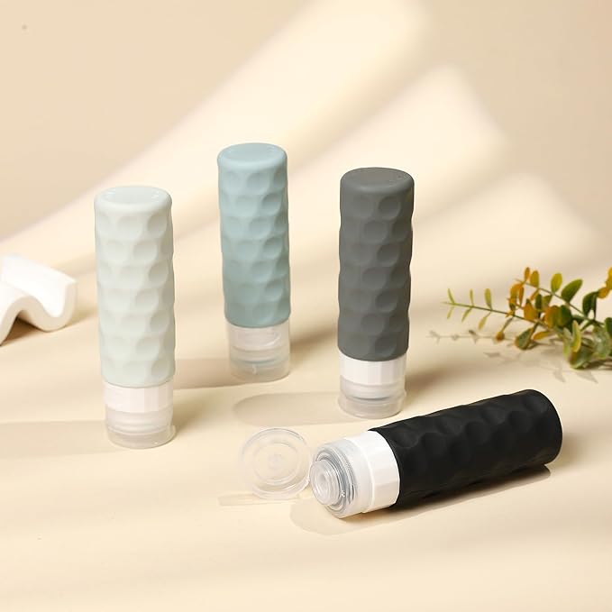 Silevoler Travel Bottles for Toiletries, 4pcs Tsa Approved 3oz Travel Size Containers, BPA Free Leak Proof Premium Silicone Bottles, Refillable Liquid Squeezable Accessories W/Toiletry Bag