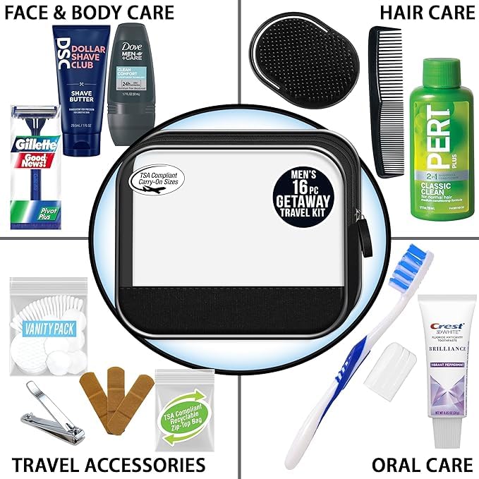 Convenience Kits International Men’s Super Deluxe, 16-Piece Kit with Travel Size TSA Compliant Essentials in Reusable Zippered Toiletry Bag (Pack of 2)