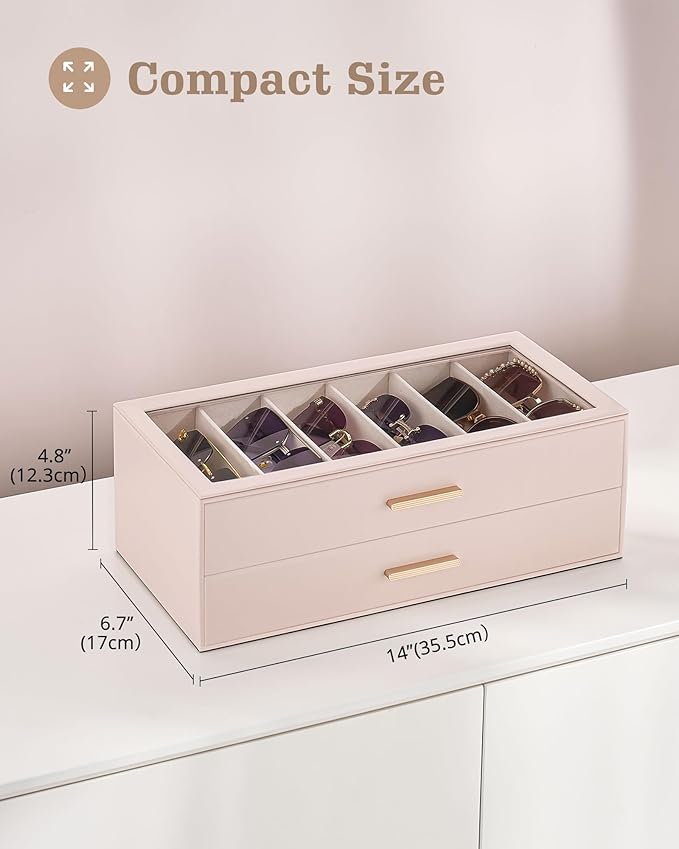 Lolalet Beige Sunglasses Storage Box for Women, Eyewear Eye Glass Organizer with Clear Top Lid Display Holder Case