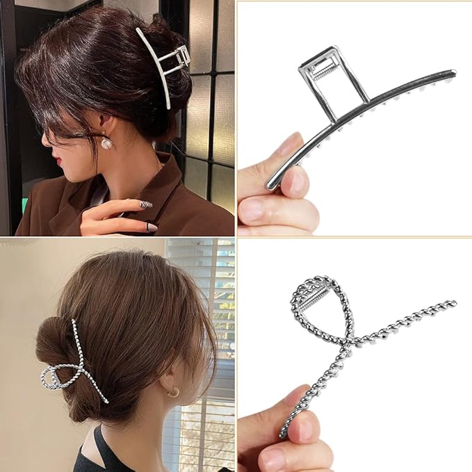 Large Metal Butterfly Hair Clips with Teeth - Big Jaw Grip Clamps for Thick Hair, Non-Slip Silver Clamps for Women