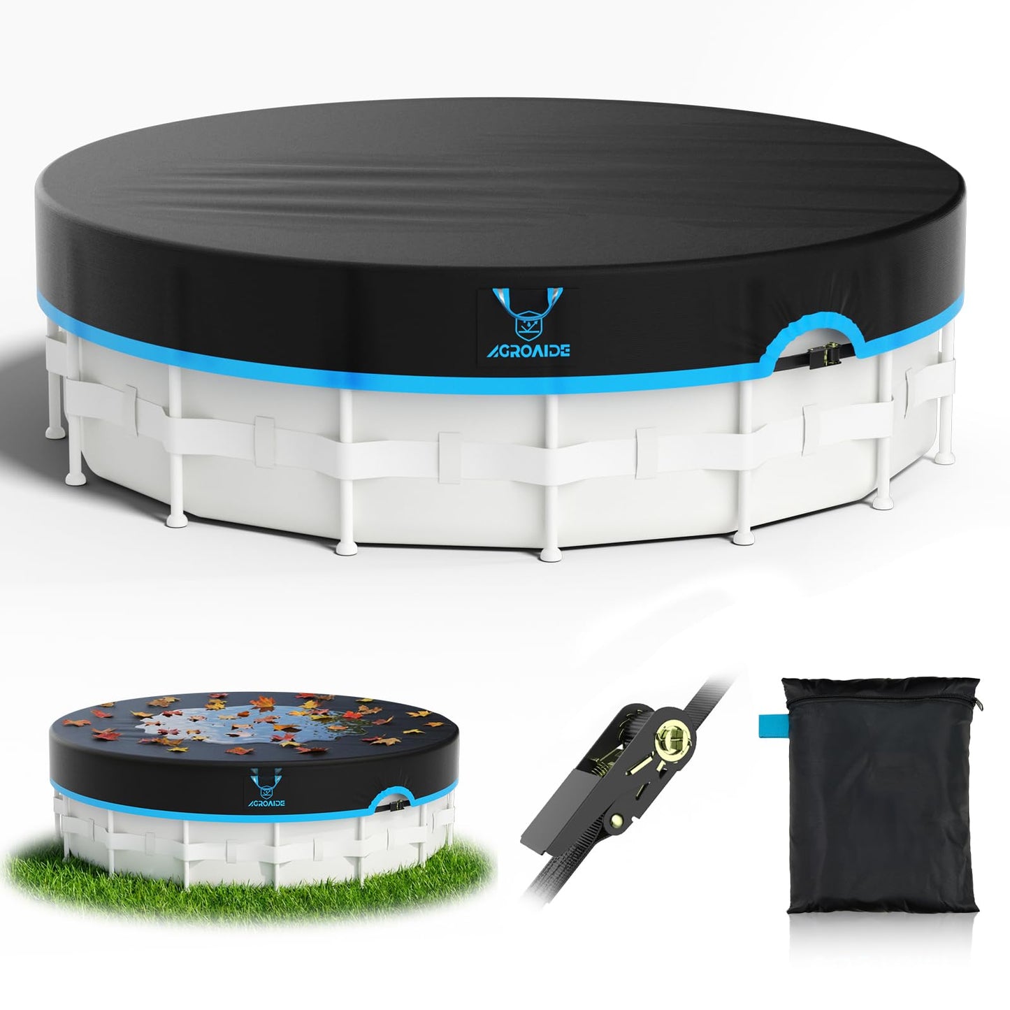 AGROAIDE Pool Cover 12ft Round, Upgraded Tear Resistance & Seamless Side Design, All Season Protection - Snug Fit & Easy Set