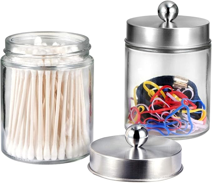 Amolliar 4 Pc Glass Apothecary Jars - Countertop Qtip Dispenser Holder with Stainless Steel Lids&Cute Stickers -Bathroom Vanity Storage Organizer Set for Qtips,Cotton Swabs/Rounds (Brushed Nickel)