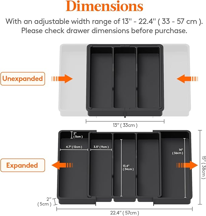 Lifewit Utensil Organizer for Kitchen Drawers, Expandable Cooking Utensil Tray, Adjustable Cutlery Silverware Flatware Holder, Plastic Spatula Tools Storage Divider, 13-22 x 15", Black