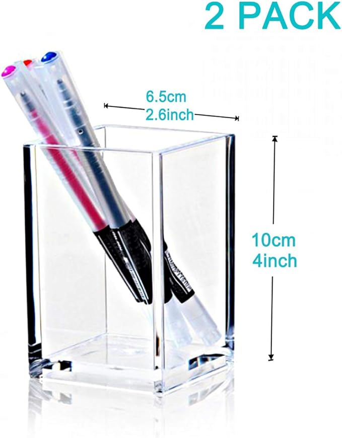 2 Pack Clear Acrylic Pencil Pen Holder Cup,Desk Accessories Holder,Makeup Brush Storage Organizer,Modern Design Desktop Stationery Organizer for Office School Home Supplies,2.6x 2.6x 4 inches