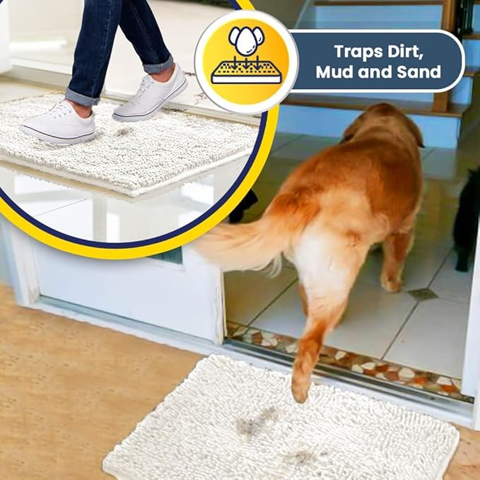 Muddy Mat® | Super Absorbent Door Mat Indoor, Microfiber Quick Dry Chenille Entryway Rug, Non-Slip Front Door Mat, Indoor Mats for Entryway, Machine Washable Pet Rug, White 24" x 96"