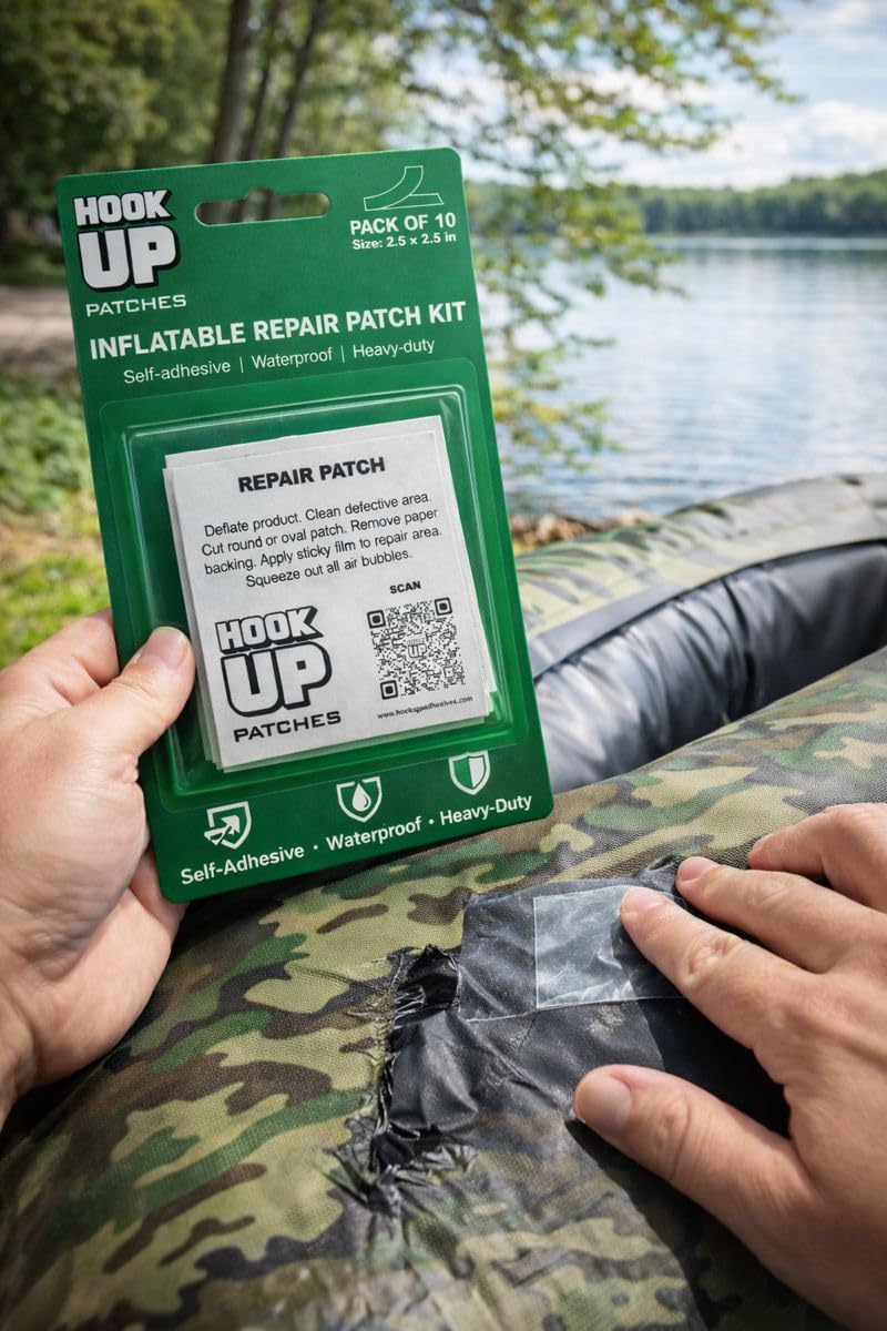 HOOK UP Inflatable Repair Patches – Heavy Duty Peel & Stick Patch Kit for Pool Floats, Air Mattresses, Inflatables & PVC – Waterproof, No Glue Needed (10 Pack) (4” x 4”, Pack of 10)