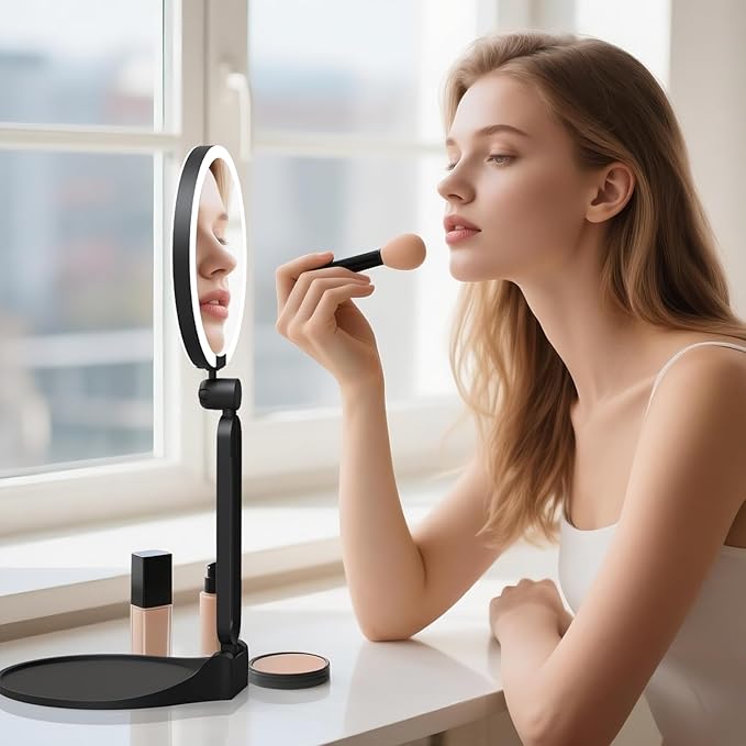 Magnifying Mirror with Light 40X/1X, Double Sided Travel Makeup Mirror with Lights and Magnification, 3 Colors Dimming Lighting, Rechargeable Large Size of 6inch, Foldable Design, 360°Angle Adjustable