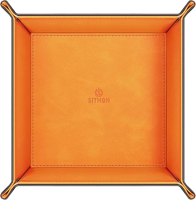 SITHON Valet Tray Desktop Storage Organizer Ã¢ÂÂ Premium PU Leather Catchall Bedside Vanity Tray Nightstand Caddy Holder for Remote Controller, Keys, Phone, Wallet, Coin, Jewelry (Orange)