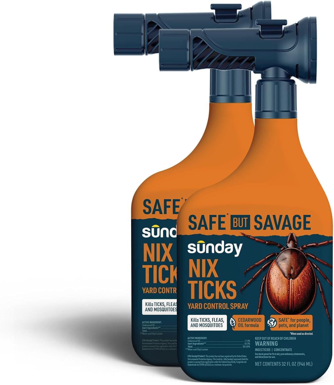 Sunday Nix Ticks - Tick Control Spray - Ready-to-Use - Concentrated Cedar Oil - Helps Kill Ticks, Tick Larvae, Fleas, and Mosquitos - Lasts up to 4 Weeks - 32 Fl Oz, 2-Pack