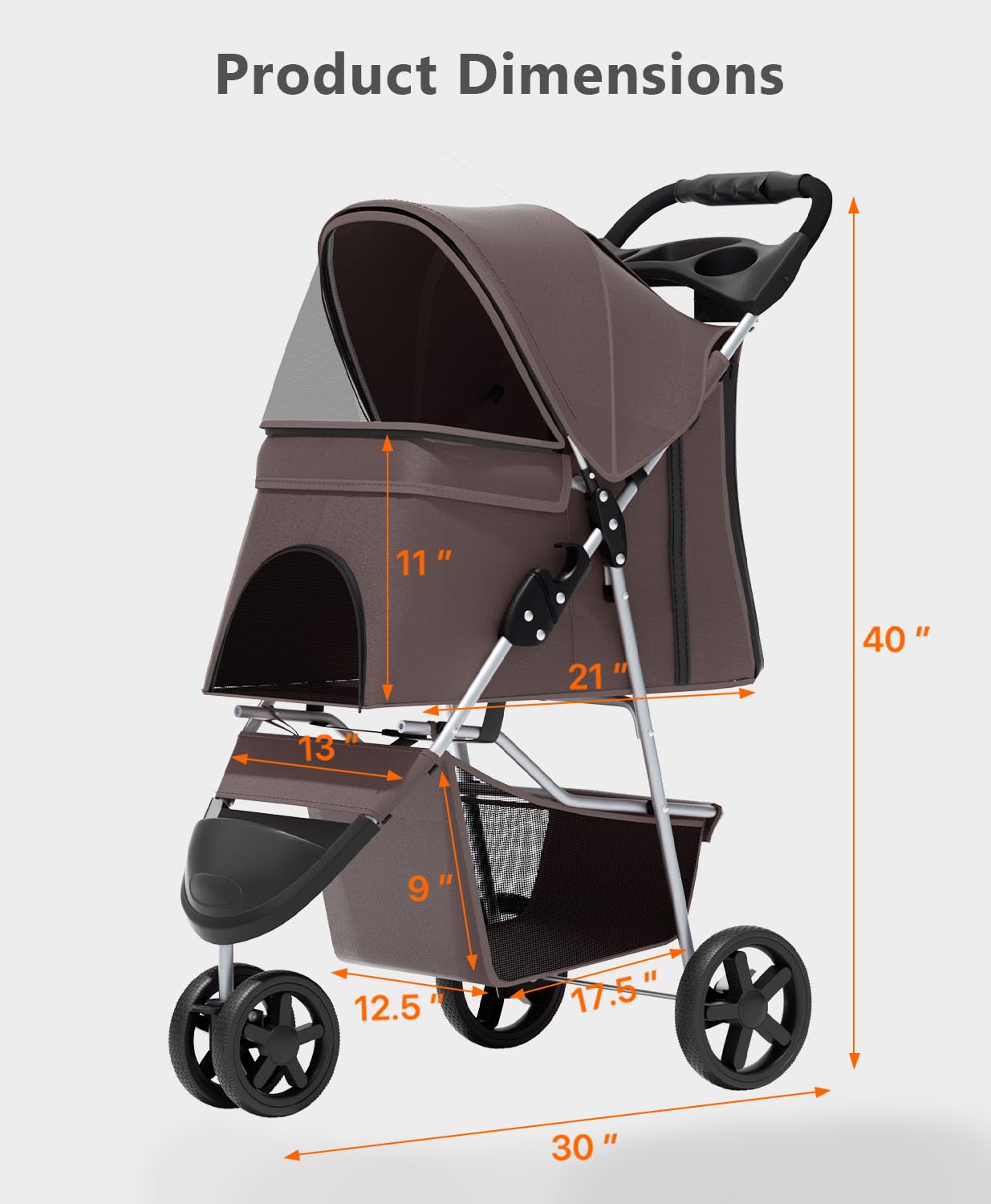 OS MOTOR Pet Stroller with 3 Wheels for Small/Medium Pets, Portable Travel Foldable Carrier Jogger for Dog Cat Puppy Kitty, Rear Wheel Breaks, Storage Basket, Visible Mesh with Weather Cover (Coffee)