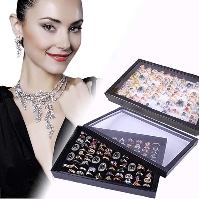 ZLY Jewelry Rings Display Tray Velvet 100 Slot Case Box Jewelry Storage Box