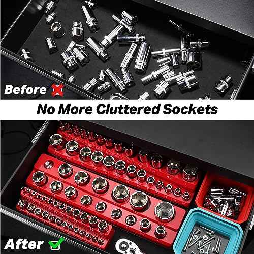 SHALL Magnetic Socket Organizer Set, 3-Piece SAE Socket Holders Include 1/4", 3/8", 1/2" Drive Socket Trays, Holds 68 Pieces Standard and Deep Size Sockets for Toolbox (Socket Not Included)