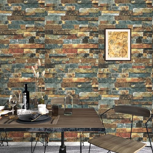 Wallercity Vintage Faux Blue/Brown Wallpaper Peel and Stick Wallpaper Waterproof Self-Adhesive Stone Wallpapers 3D Rock Textured Contact Paper for Kitchen Backsplash Living Room Bedroom 15.8''x78.7''