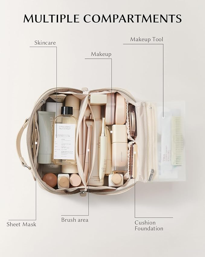 EACHY Travel Makeup Bag, Large Capacity Cosmetic Bag for Women, Waterproof PU Leather, Flat Open Portable Toiletry Bag for Skincare, Brushes & Travel Essentials