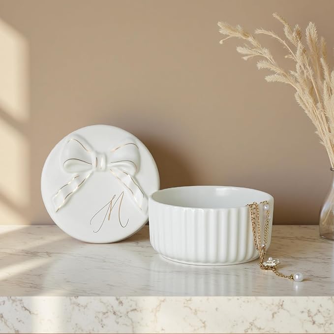 COLLECTIVE HOME Monogram Initial Jewelry Box with Bow - Elegant Ring Holder & Earring Dish | Christmas Gift Idea for Women, Unique Birthday Present for Her (M)