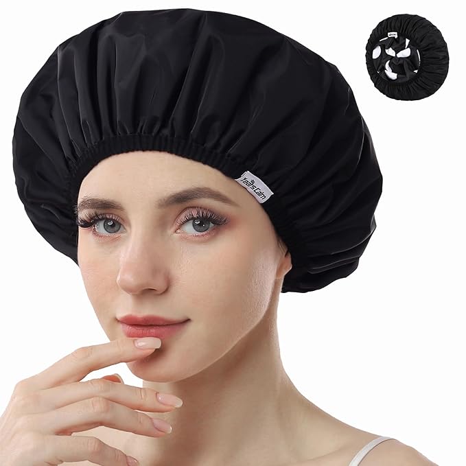 Years calm Shower Caps for Women Reusable Waterproof, Double Layer Waterproof Fabric - Both Sides Usable, Reversible Pattern & Solid Color Design, Soft Elastic Keeps Hair Dry for shower Spa Travel