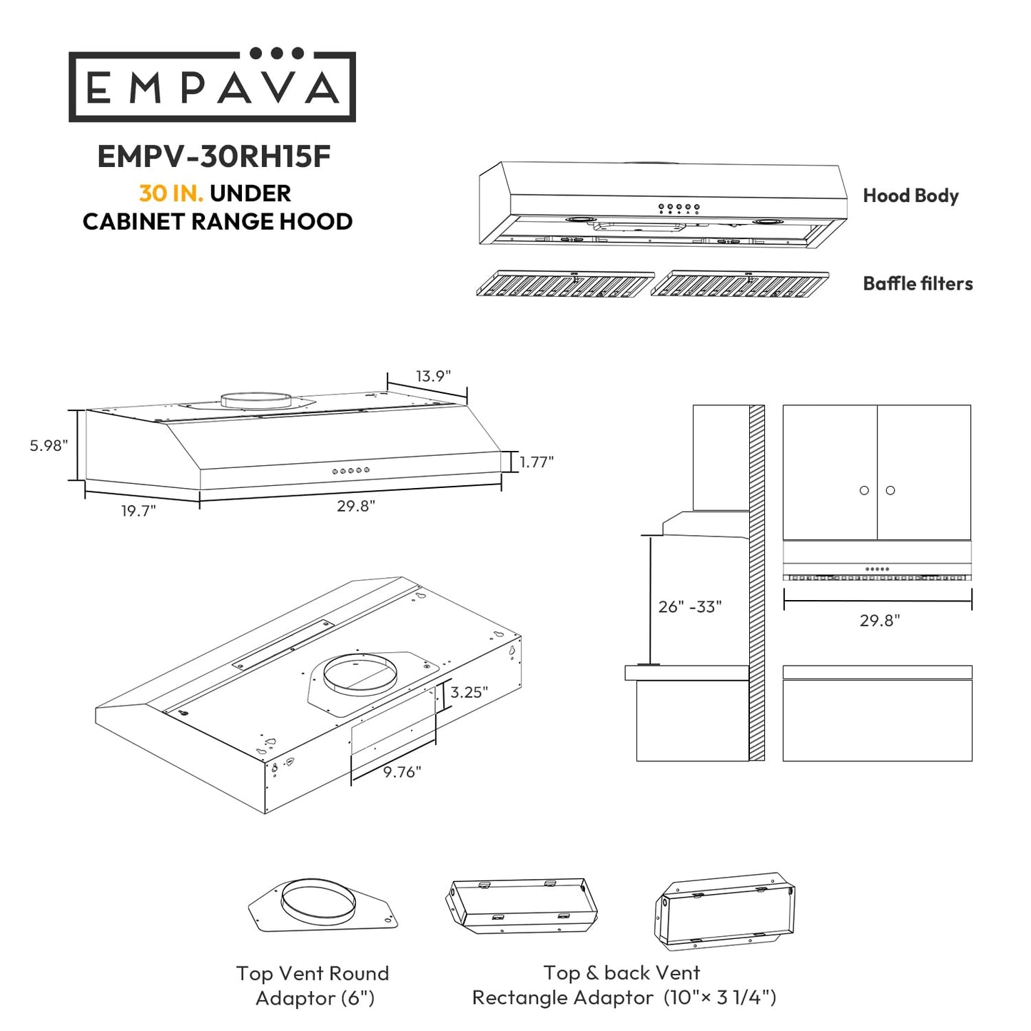 Empava Ductless Under Cabinet Range Hood 36 Inch, Convertible Ducted (Rear/Top Vent), 300 CFM, Push Button Plug in, Stainless Steel