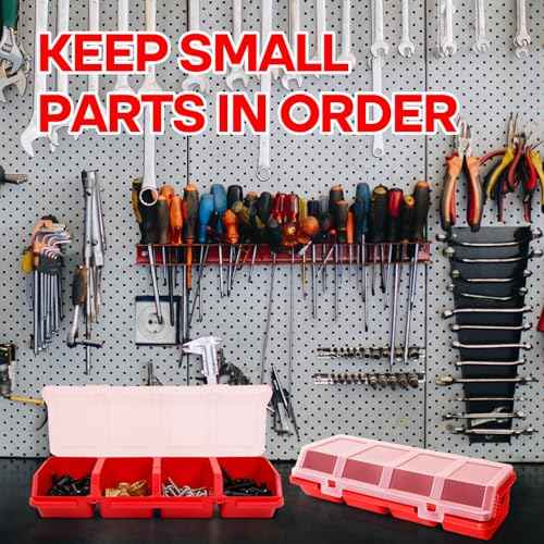 4 Pcs Screw Organizers, Stackable Bins with Lids Plastic Hardware Organizer Box with Compartment Bolt Organizer Plastic Divided Storage Containers for Garage Tools Nails Small Parts (RED)