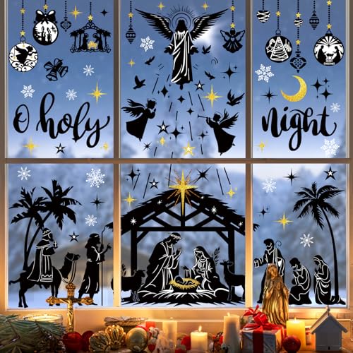 wondever Jesus Nativity Scene Window Clings Holy Night Religious Silhouette Christmas Glass Sticker Decal Anti Collision Double-Side Static Window Decals for Home Xmas Holiday Party