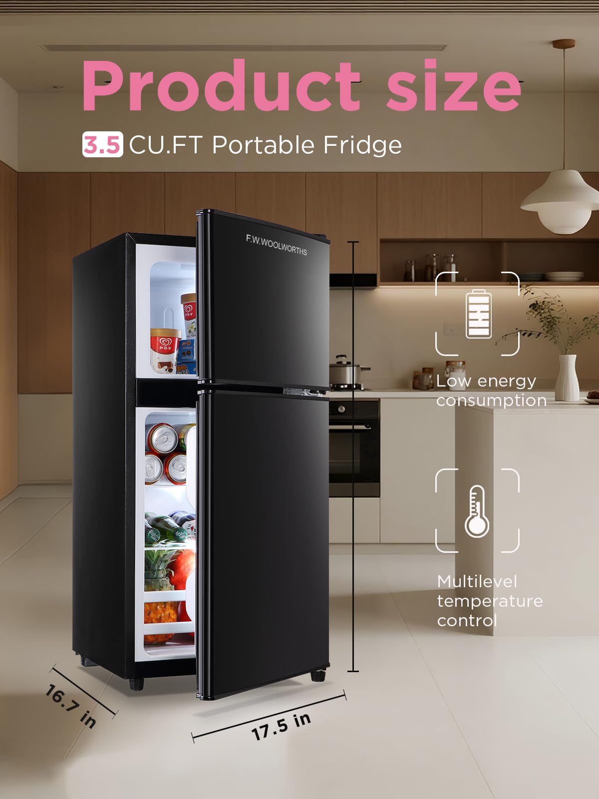 F.W.WOOLWORTHS 3.5 Cu.Ft Refrigerator with Freezer, 2-Door Fridge, Adjustable Thermostat, for Dorm, Office, Bedroom, RV, Black