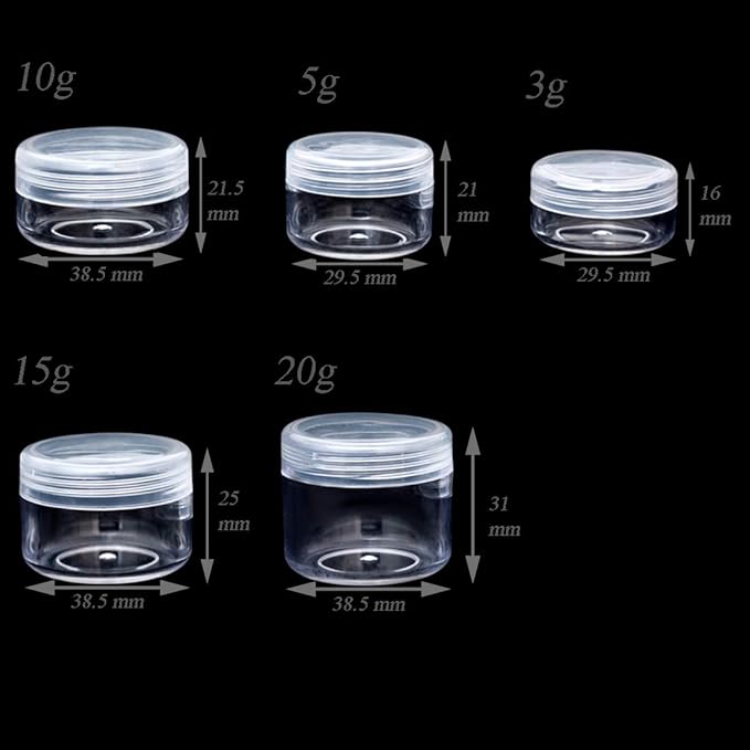 10pcs Small Travel Containers, Clear Sample Containers with Screw Lids, 5 Size 3/5/10/15/20 Gram Sample Jars with 12pcs Labels and 2pcs Mini Disposable Spatula, Makeup Sample Containers BPA Free