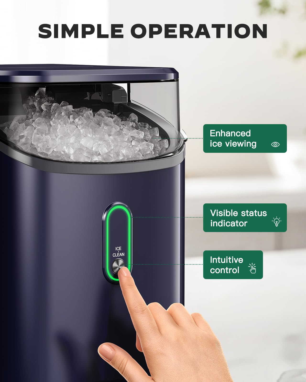 Nugget Ice Maker Countertop, Pebble Ice Maker with Crushed Ice, One-Click Operation Ice Machine with Self-Cleaning, 33lbs/24H for Home, Kitchen, Office, Blue
