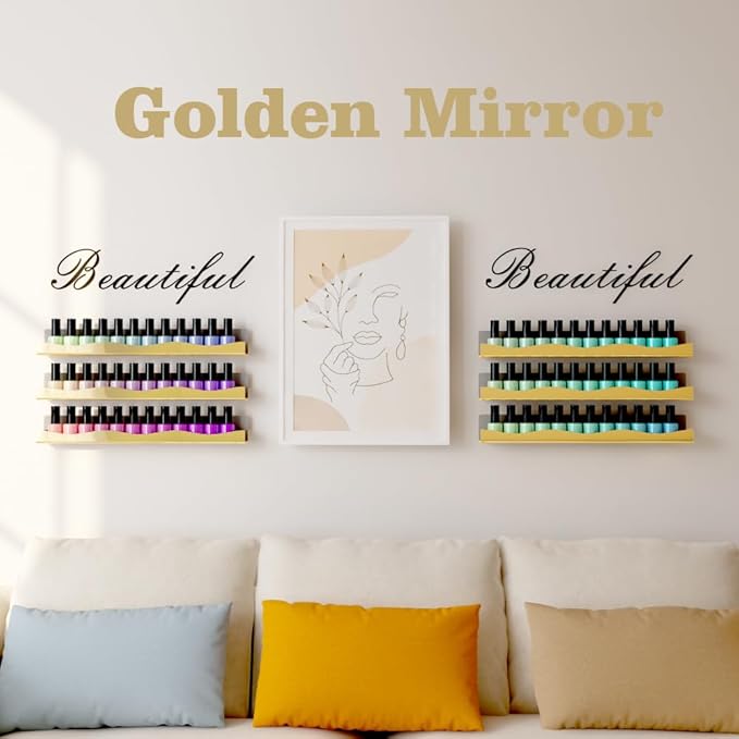 YMVV Wall-Mounted Nail Polish Organizer Rack - 15-Inch Gold Mirror Finish Nail Polish Shelf, Makeup & Beauty Essentials Storage - Multi-Purpose Display Holder for Small Space, Vanity Bathroom, 6 Pack