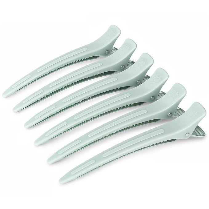 AIMIKE 4.8" Hair Clips for Styling – Built-In Silicone Band Duckbill Hair Clips, No-Crease Sectioning Clips for Thick, Curly Hair, Ideal for Makeup, Hairstyling & Rollers, 6-Pack, Sage Green
