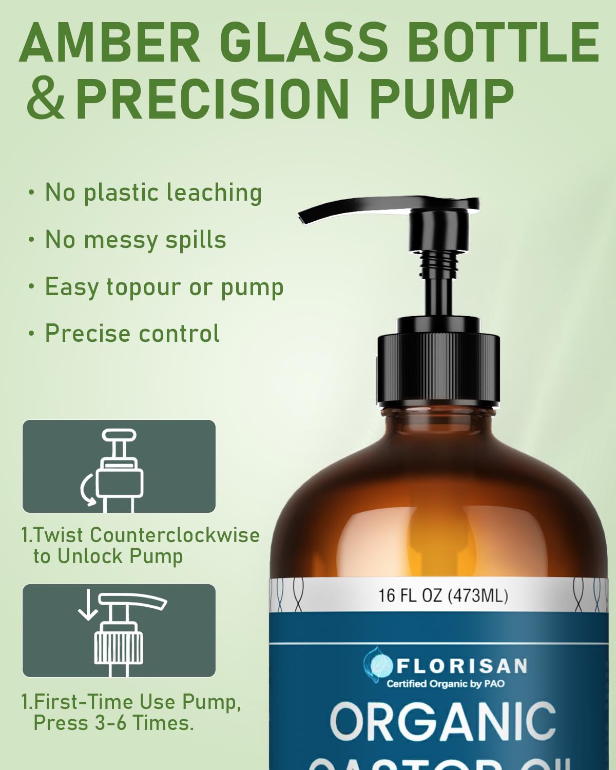 Florisan Organic Castor Oil 16oz Glass Bottle, Cold Pressed, Hexane-Free, Non-GMO, 100% Pure Castor Oil for Hair Growth, Skin, Lashes, Eyebrows, EWG Verified & USDA Organic Certified