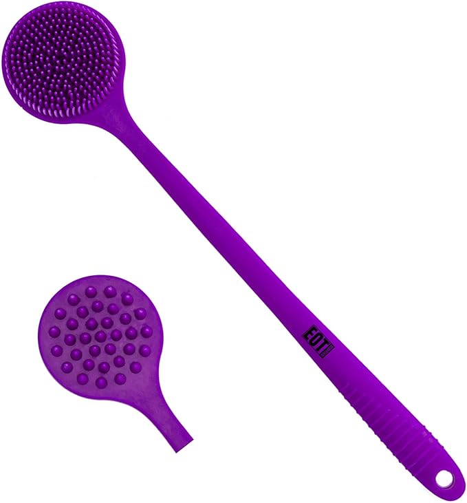 Bendable Long Handled Silicone Body Brush & Hair Scrubber - Bath Shower Back Brush, Shampoo Hair & Scalp Massager, Back Scrubber for Shower (Purple)